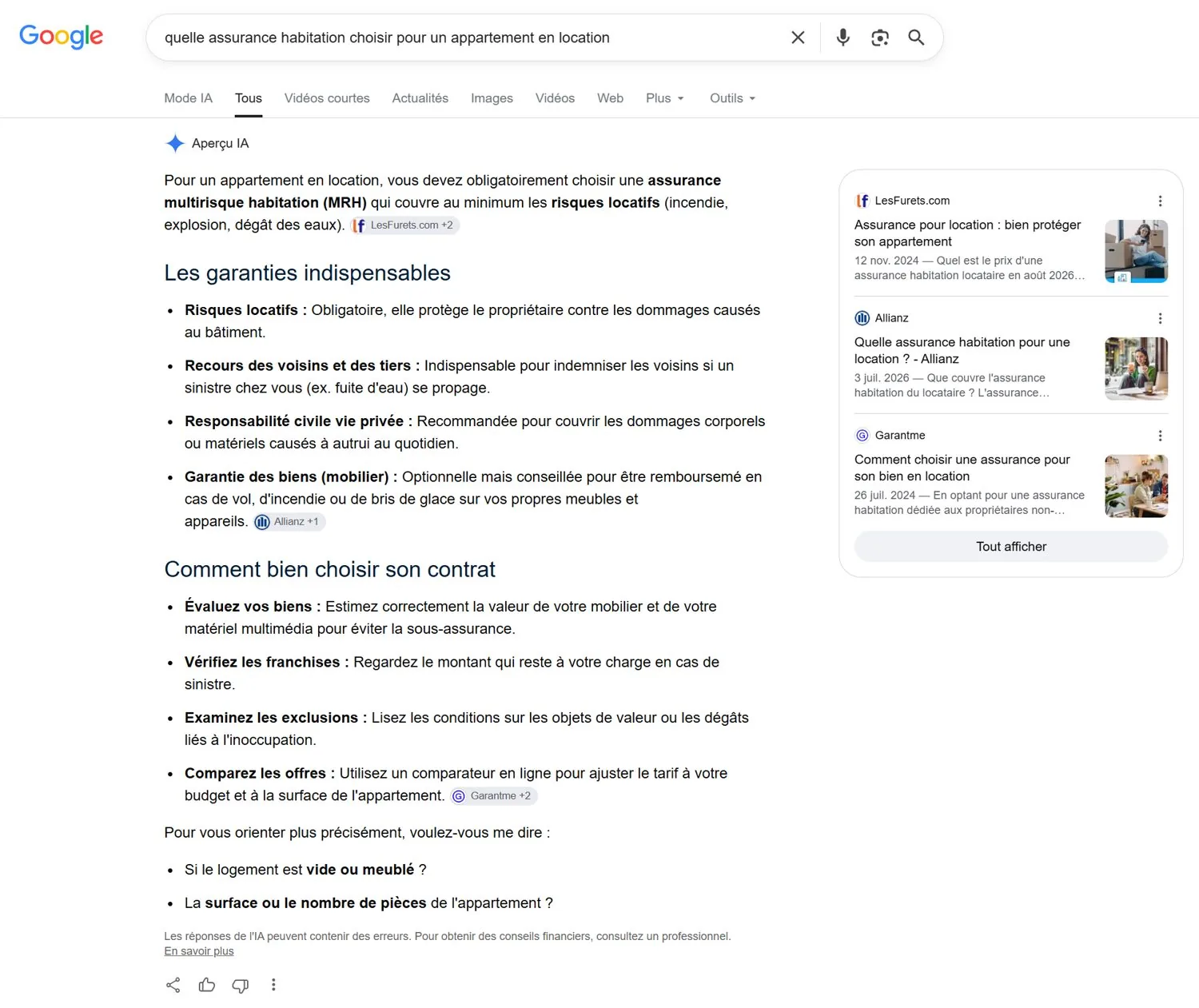 Screenshot of a Google AI Overview for the query which home insurance to choose for a rented flat