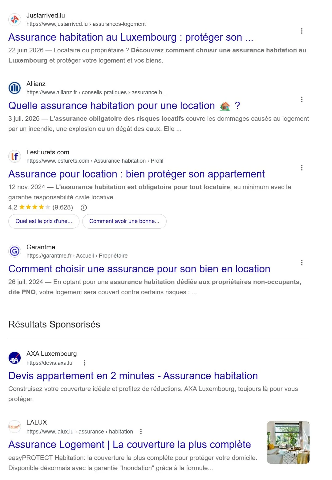 Rest of the results page: classic links, then sponsored results from AXA Luxembourg and LALUX
